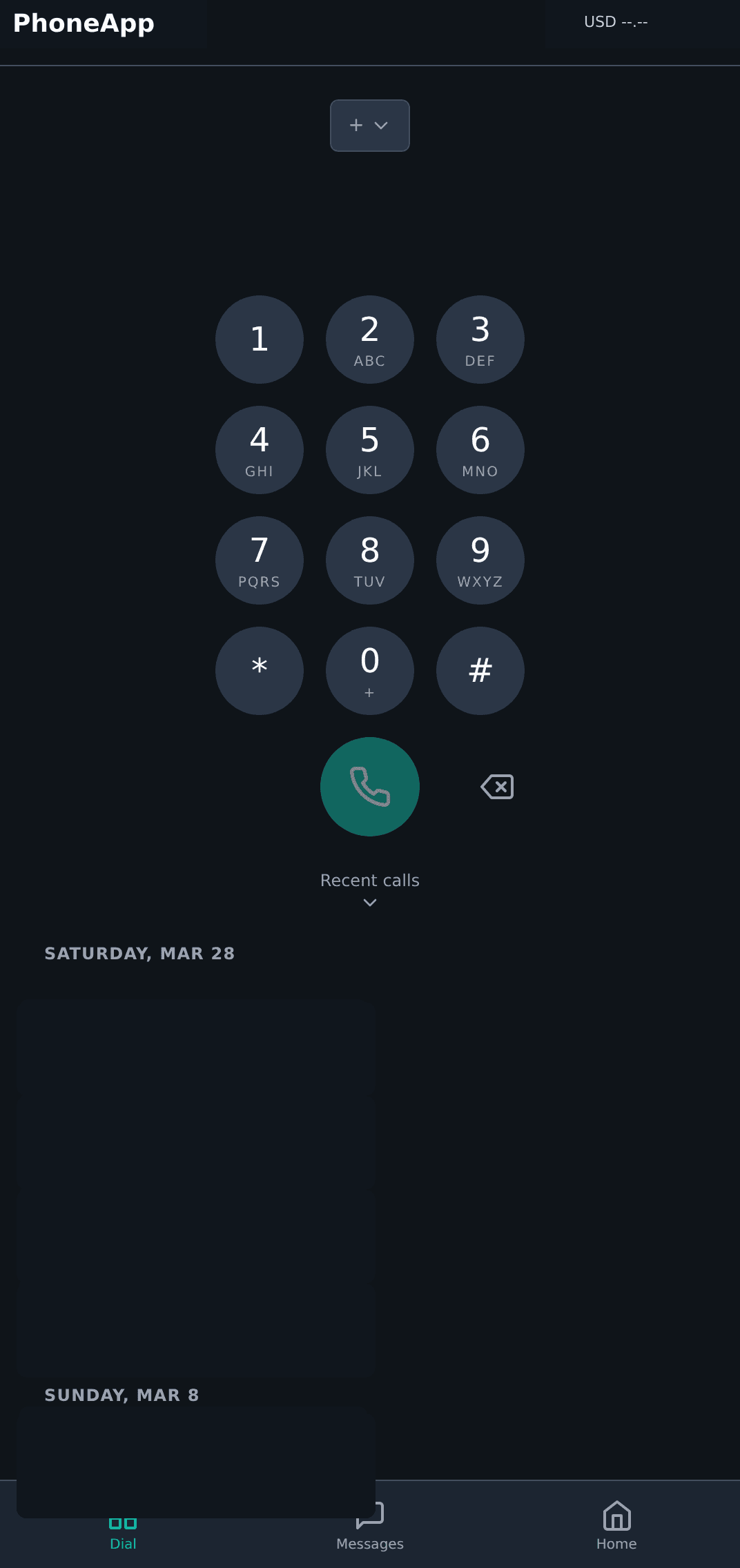 PhoneApp dial screen with keypad, call action, and recent calls list
