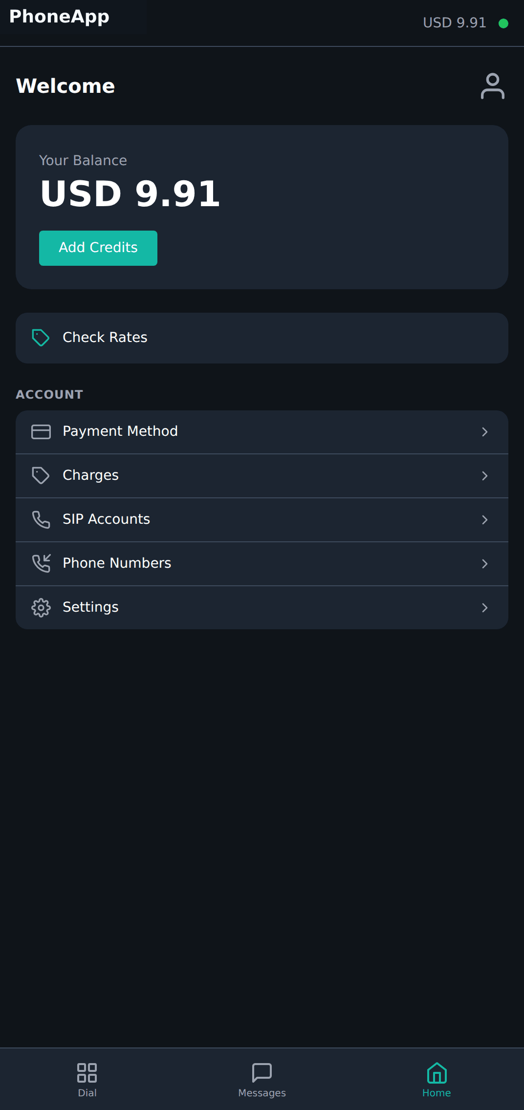 PhoneApp PWA home screen with balance card, account links, and bottom navigation